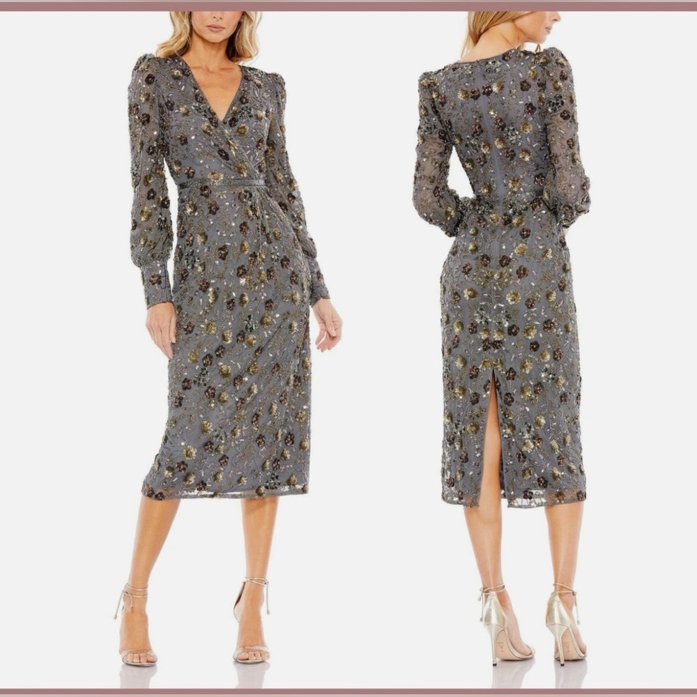 Mac Duggal - Long Sleeve V Neck Midi Dress - Gray - NWT - Size 8